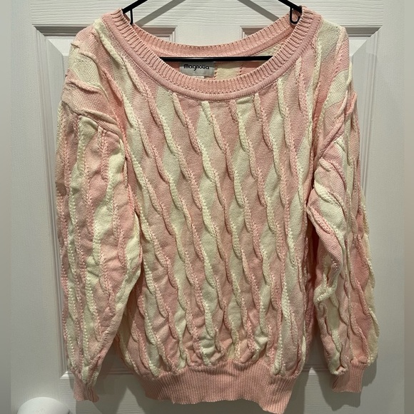Vintage Pastel White and Pink 3D‎ Knit  Sweater Striped Cottagecore Coquette - Picture 1 of 4